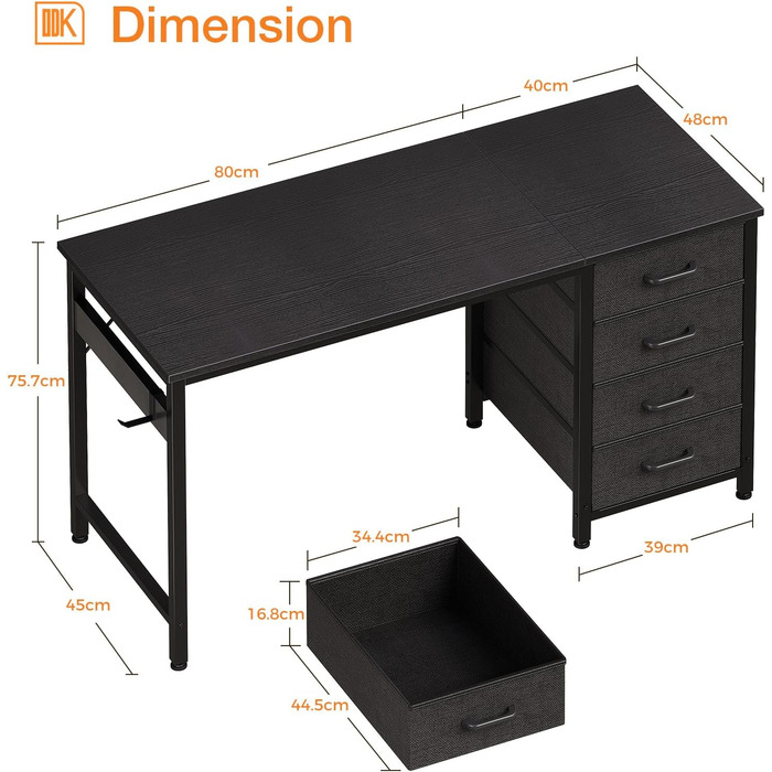 Письмовий стіл ODK з 4 шухлядами 120x48x75.7 см, комп'ютерний стіл з тримачем для навушників, офісний стіл з дерева для дому, білий (чорний)