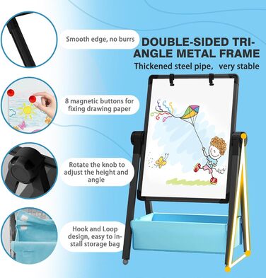 Дитяча мольберт Kinderstaffelei: двосторонній, металевий, регульований по висоті, 360° обертання, дошка для малювання та письма з літерами та цифрами (чорний)