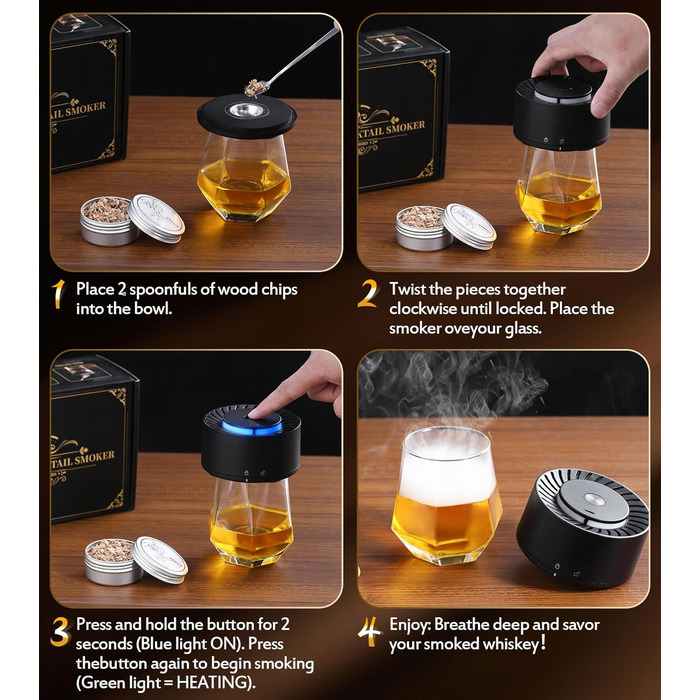Електричний набір для копчення віскі з LED-підсвічуванням, 6 ароматів деревини, без бутану, перезаряджається, вінтажний, барний аксесуар, подарунок для чоловіків, батька, чоловіка