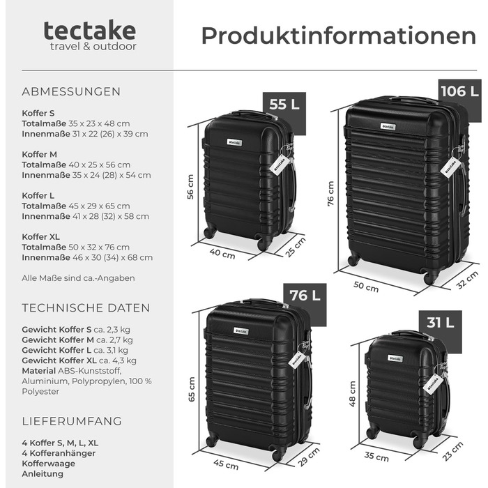 Набір валіз Tectake 4шт: S, M, L, XL з ABS пластику, з колесами, телескопічним ручками та замками. В комплекті вагова шалька та аксесуари для валіз. Чорний колір.