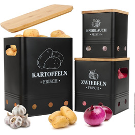 Набір контейнерів для зберігання картоплі, цибулі та часнику, 3 шт. з бамбуковим кришками, чорного кольору. Зберігає овочі свіжими довше, стійкий, складений.