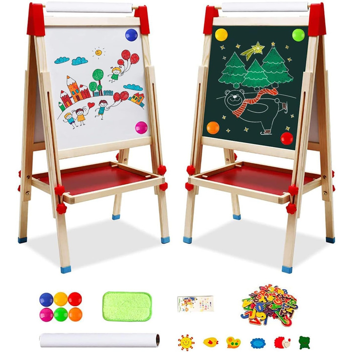 Дитяча мольберт Kinder Staffelei 3 в 1: дерев'яна дошка з рулоном паперу, двостороння, регульована висота 68-114 см. Комплектація: аксесуари для малювання. Підходить для дітей 3-12 років.