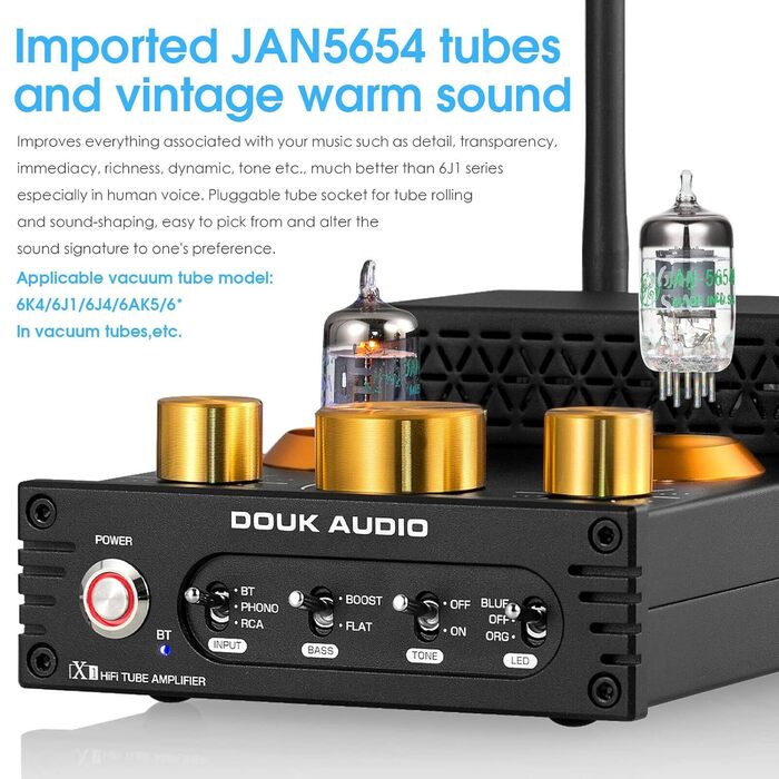 Ламповий підсилювач Douk Audio X1, HiFi Bluetooth 5.0, GE5654, MM Phono, 160 Втx2, регулювання високих і низьких частот