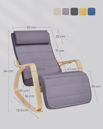 Крісло-гойдалка SONGMICS з підлокітниками з натурального дерева, регульована підставка для ніг, до 150 кг, для спальні/вітальні, темно-натуральний колір (сірий + натуральний, бавовна/поліестер)