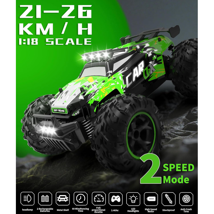 Радіокерований позашляховик Carox 1:18 2.4GHz 25 км/год з підсвічуванням, Monstertruck для гри