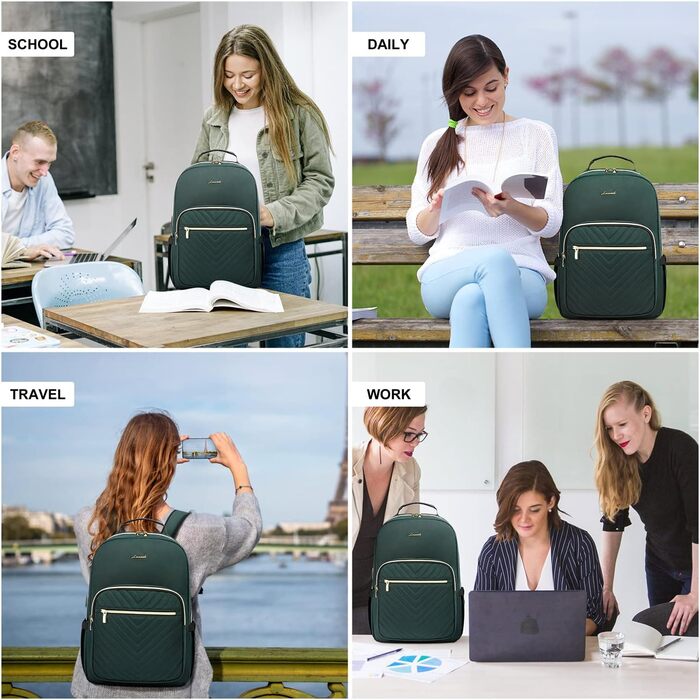 LOVEVOOK Рюкзак для жінок, великий, 15.6 дюймів, сумка для ноутбука, водонепроникний, шкільний рюкзак для дівчат-підлітків, чорний, елегантний рюкзак для роботи, навчання, подорожей (17.3 дюйми, темно-зелений)