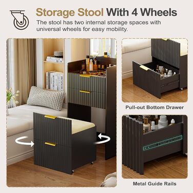 Трюмо Lvifur з LED-дзеркалом та 3 шухлядами, кутовий, для спальні, квартири, гуртожитку, білий (чорний)