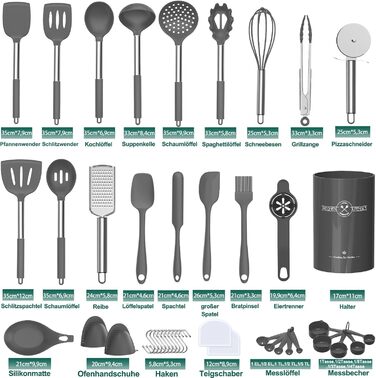 Набір кухонних помічників, 34 шт. Силіконове кухонне приладдя з нержавіючою сталею, стійке до нагріву, з тримачем для посуду, антипригарне, сірий колір