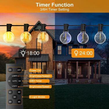 Світлодіодні струнні світильники для вулиці, 5 режимів, IP44, таймер, дистанційне керування, для саду та вечірок, 30M