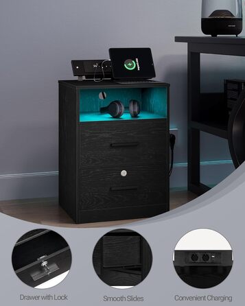 Тумба Hzuaneri з USB і Type-C, LED-підсвіткою, 2 шухляди з замком, відкрита полиця, чорна, для спальні та вітальні