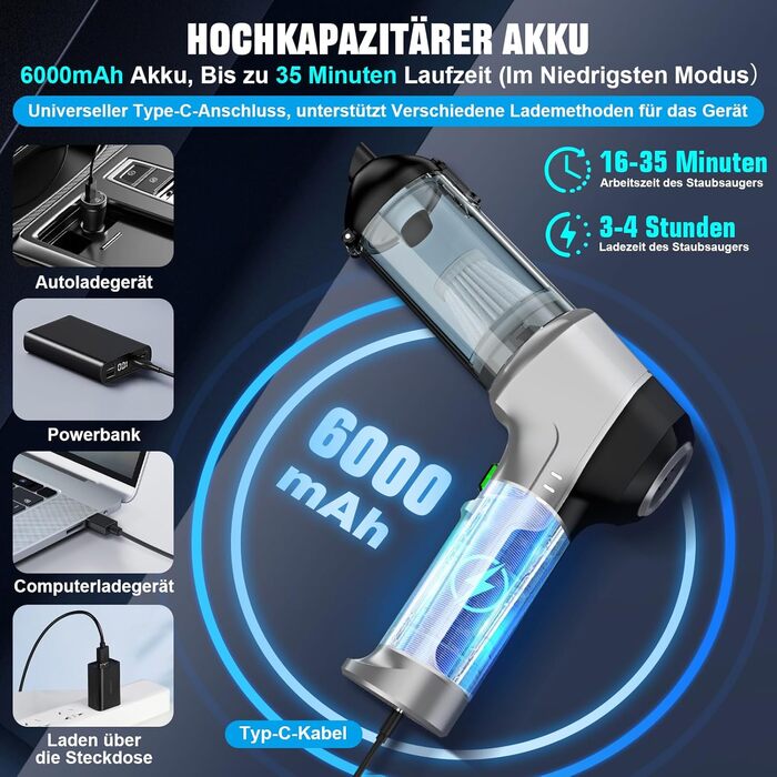 Акумуляторний ручний пилосос 4-в-1 для авто та дому, потужність 25000Па, бездротовий електроповітродув для прибирання шерсті, кухні та ПК, чорний