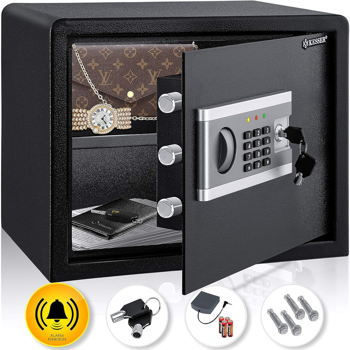 Електронний сейф KESSER® | 38x30x30 см | Вбудована батарея | Сейф з цифровим замком | 3-х рівнева замикаюча система | Настінний/підлоговий сейф | Сейф для дому | Внутрішнє освітлення | Чорний |