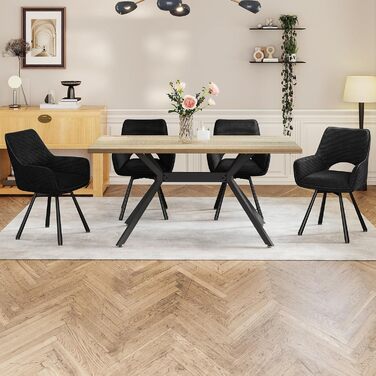 Ессі стільці 4 шт. поворотні 360°, з підлокітниками, металеві ніжки, для їдальні, вітальні, кухні, м'які, оксамитові, бежеві (1 поворотний, чорний)