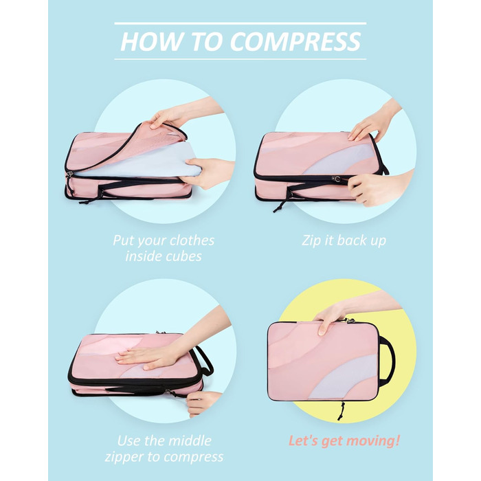Набір компресійних органайзерів для подорожей BAGSMART, 6 шт, органайзери для одягу в валізу та ручну поклажу, рожевий