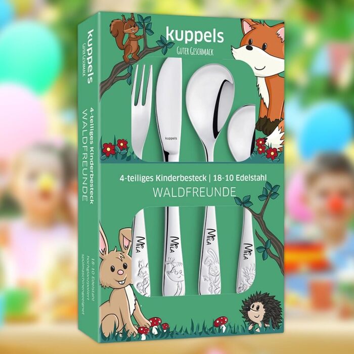 Дитячий столовий прилад Kuppels з гравіюванням імені – набір столових приладів для дітей від 3 років, 4-частинний, нержавіюча сталь, придатний для миття в посудомийній машині – персоналізований хрещення для дівчаток та хлопчиків, друзі лісу