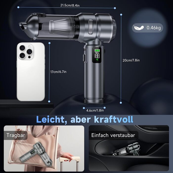 Акумуляторний ручний пилосос 24000Па для авто та дому, бездротовий міні-пилосос з функцією повітряного насоса та обдуву, 6000mAh, сріблясто-фіолетовий