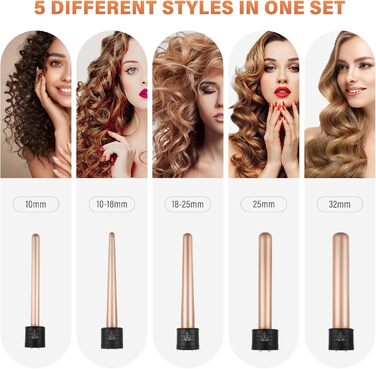 Набір для завивки волосся Janelove 5 в 1: керамічний локон, 10-32 мм, різні насадки, регулювання температури, рукавиці, сумка (рожеве золото)