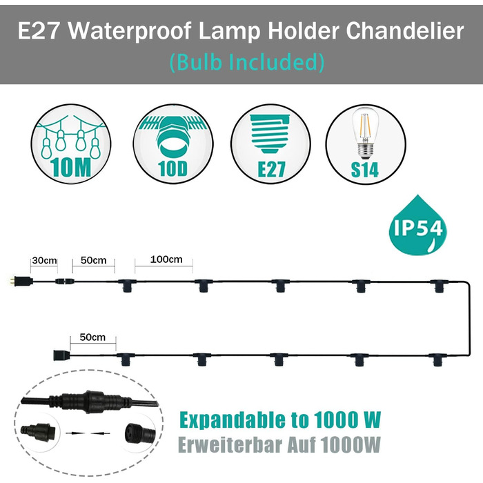 Вуличний струнний світильник, розширюється 1000 Вт, 10 шт. S14 LED E27 IP65, декор для вечірки в саду, чорний, 10M