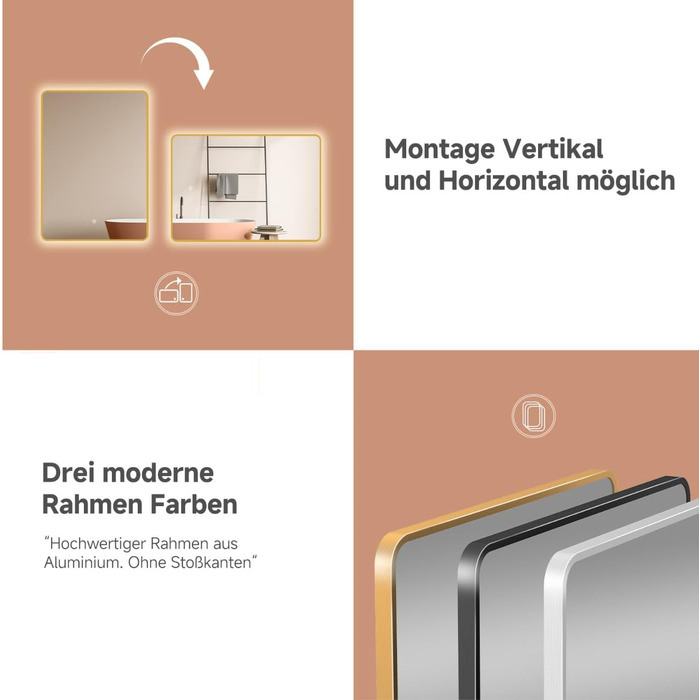 LED дзеркало для ванної кімнати HOKO Texas 60x80 см / 80x60 см з підсвічуванням, протитуманним покриттям та чорним металевим каркасом. Можливість встановлення вгору та вбік. Сенсорне керування + світло, регулювання кольору 2700-6500K (тепле, холодне, нейт