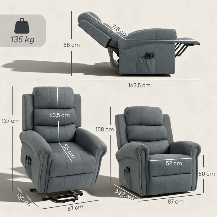 Крісло-масажер з підйомним механізмом, крісло для відпочинку, з функцією вібрації, регульоване нахилом, з текстурою льону, сірого кольору