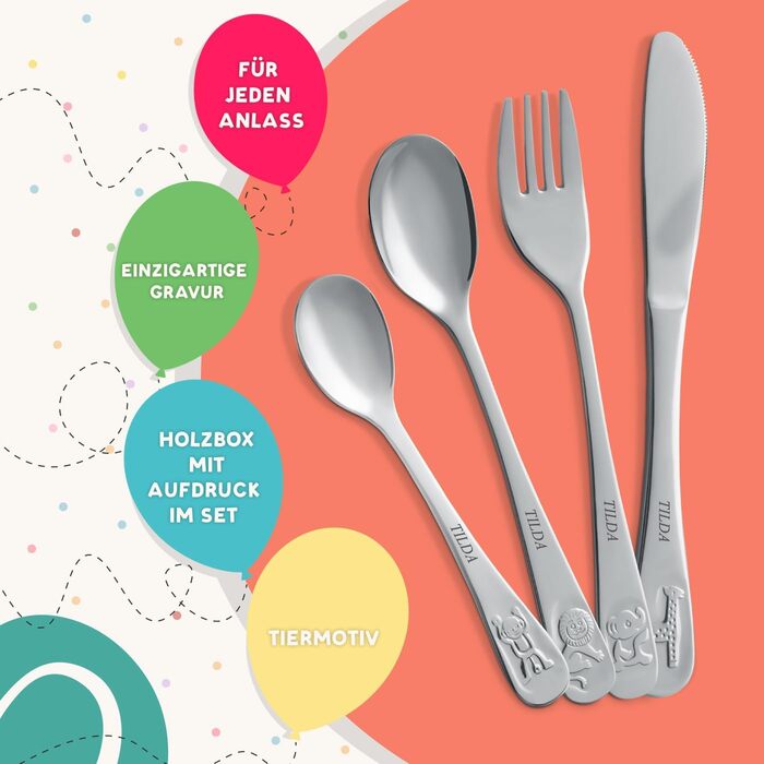 Набір дитячого столового прибору Maverton Kinderbesteck з гравіюванням + дерев'яна коробка з надруком - з тваринами, з нержавіючої сталі, коричневий - подарунок для дівчинки на день народження, хрещення, народження - різдвяні подарунки - ведмедик (мотив)