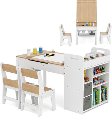 Дитячий стіл COSTWAY 3 в 1 з 2 стільцями: стіл для малювання, мольберт, місце для зберігання. Дерев'яний дитячий стіл-трансформер, 120 x 60 x 60 см (натуральний колір).