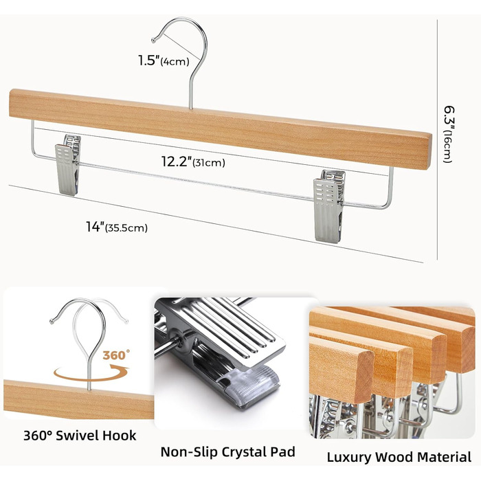Дерев'яні вішалки для штанів та одягу HOUSE DAY з кліпсами, 25 шт. - білі, 35,5 см, поворотний гачок, економія місця