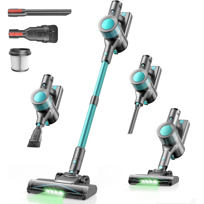 Бездротовий пилосос Dzaki 45000Pa з акумулятором, дисплеєм та антизаплутувальною насадкою для твердих поверхонь, килимів, шерсті тварин та авто (блакитний)