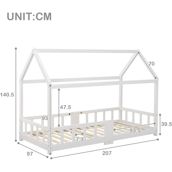 Дитяче ліжко Merax House Bed 200 x 90 см із захистом від падіння та рейковим каркасом, універсальне дерев'яне ліжко на дереві для хлопчиків та дівчаток - Дитячий будиночок Ліжко з сосни Молодіжне ліжко з масиву дерева, біле