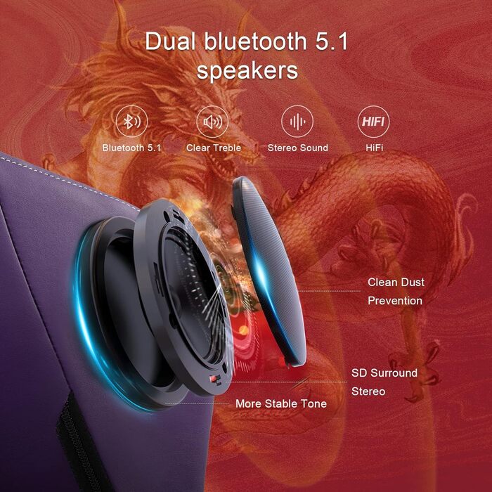 Ігрове крісло GTPLAYER з Bluetooth, підставка для ніг, серія Dragon, ергономічна, фіолетова