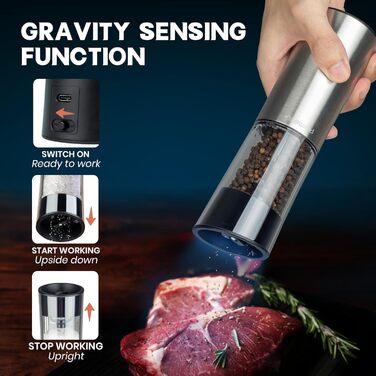 Набір електричних мельниць для солі та перцю Parmedu Gravity: USB-зарядка, автоматичне помел, регулювання помелу, LED-підсвітка, 100 мл, миється, великий об'єм