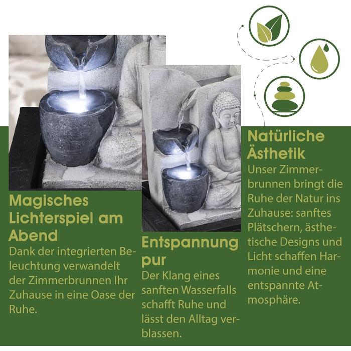 Декоративний фонтан Будда з підсвічуванням – кімнатний фонтан, сірий, 4 ступені