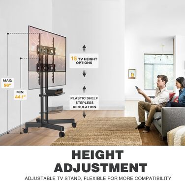 Підставка для телевізора на колесах, 32-75 дюймів, регульована по висоті, з полицею для ноутбука, VESA 600x400, чорна