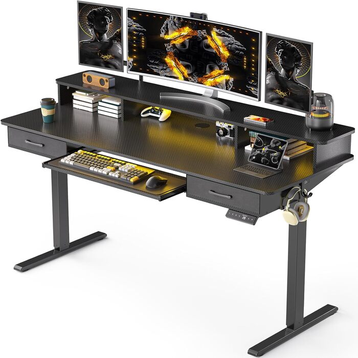 Регульований за висотою стіл Höfer з підставкою для клавіатури, 160x60 см. Стіл для комп'ютера з 2 шухлядами, підставка для монітора для дому/офісу, чорний 160 x 60 см