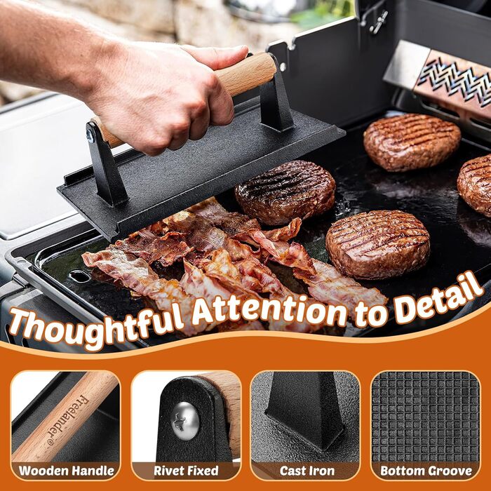 Пресс для бургерів Freelander з чавуну, набір для приготування смашених бургерів (круглий Ø 17.6 см, прямокутний 20.5 см), прес для гриля з термостійкою ручкою, великий бургерний прес для BBQ, стейків, сендвічів, чорного кольору