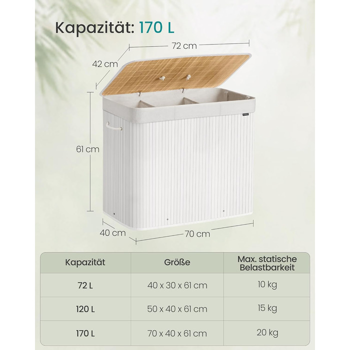 SONGMICS Кошик для білизни з кришкою, 2 відділення, бамбук, складний, знімний мішок для прання, з ручками, 170 л, білий