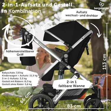 Дитяча коляска Bergsteiger Nizza 3 в 1, комплект: автокрісло, люлька, прогулянковий блок (чорний/срібний)