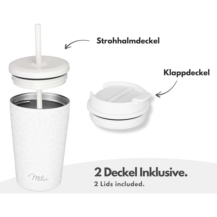 Термокружка Milu 400 мл - не протікає, з нержавіючої сталі, з трубочкою, ізольована, зберігає тепло 10 годин / холод 20 годин, без BPA (White Leopard)