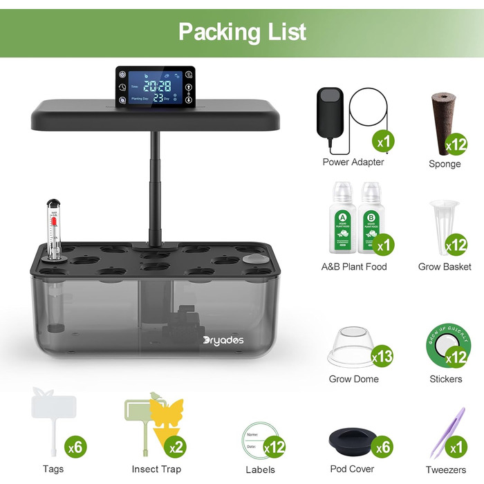 Гідропонна система вирощування: 8 горщиків, 24W LED лампа повного спектру з сигналом про недостатність води | Внутрішній сад для кухні, вітальні, школи | Подарунок для любителів садівництва (12 горщиків - напівпрозорий чорний)