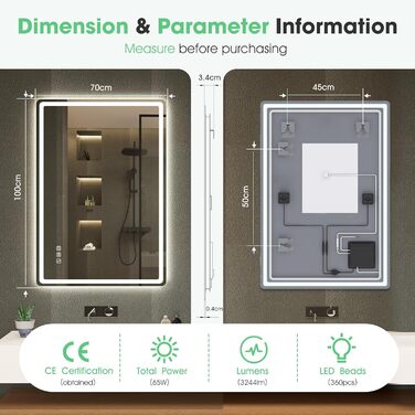 Дзеркало для ванної кімнати S'bagno з підсвічуванням Bluetooth 100x70 см, LED, антизапар, регулювання кольору, IP44