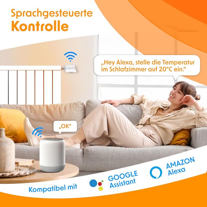 KESSER® WiFi термостат на радіатор опалення з керуванням через додаток Smart Home | Комплект з 6 вентилів для опалення, сумісний з Alexa та Google Assistant | Економія енергії та коштів, білий