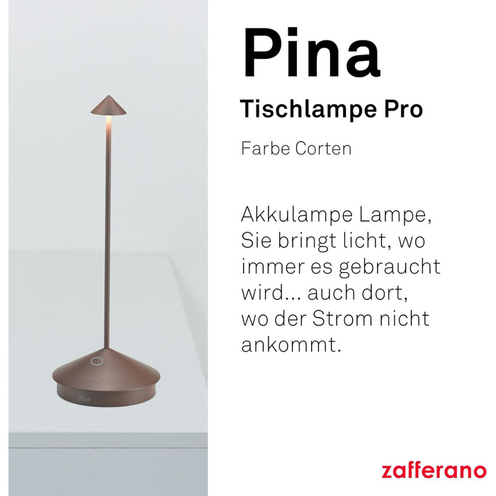 Zafferano Pina: Бездротова LED-лампа для дому та саду з торшею, сенсорне керування, регулювання яскравості, 29 см, Corten