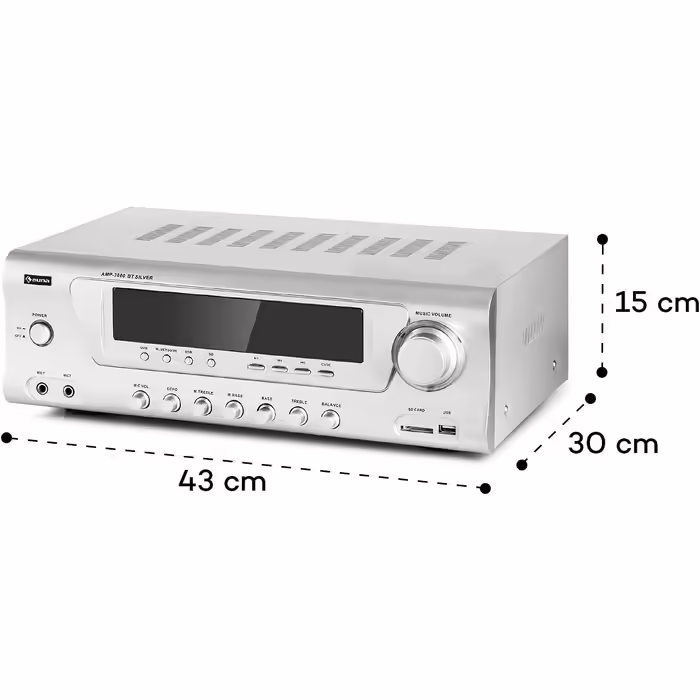 Auna AMP 3800 BT 5.0 - HiFi підсилювач 2x120 Вт + 3x50 Вт, Bluetooth, USB, SD, 2 мікрофонних входи, DVD-стерео, лінійний вихід, сріблястий