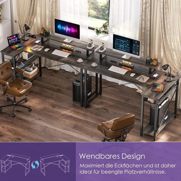 Кутовий ігровий стіл L-подібний з LED-підсвіткою та розетками, комп'ютерний стіл з полицями, обертовий, з підставкою для монітора, 120 x 70 см, дуб Грау Ейх