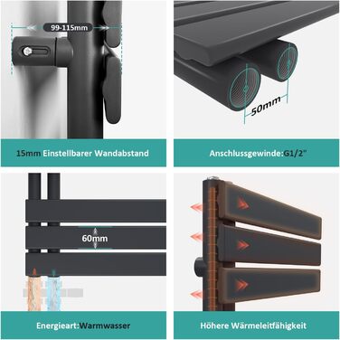 Електричний рушникосушар EMKE 104x50 см, чорний, 529W, бічний підключення