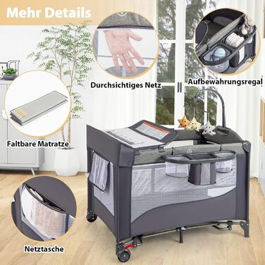 Детское путешествие: дорожное детское ложе DREAMADE 5-в-1 с матрасом, колесами, пеленальной доской и музыкальной шкатулкой, 110x76 см, с сумкой для переноски, для новорожденных и малышей (Зеленый)