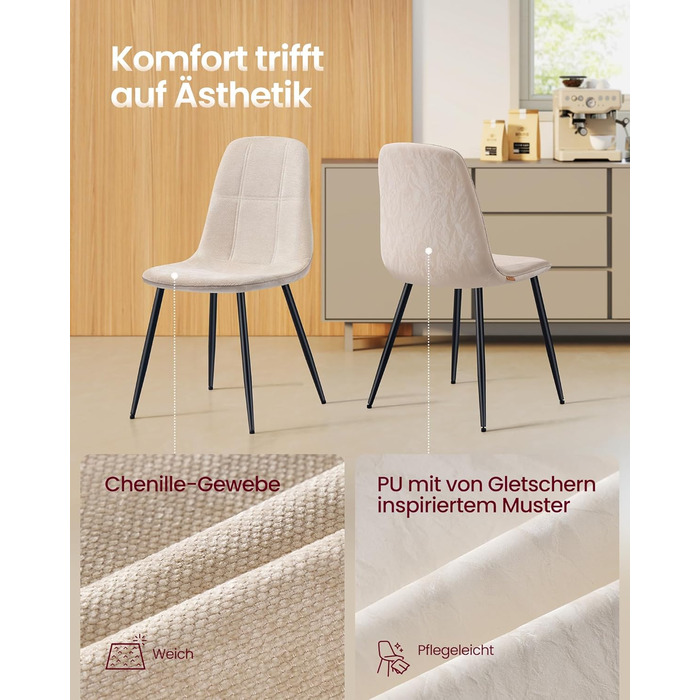 Стільці для їдальні VASAGLE (2 шт.) - м'які, з металевими ніжками, регульовані, кремово-білі