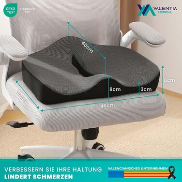 Ортопедична подушка для сидіння VALENTIA MEDICAL з піною з пам'яті – ергономічна подушка для куприка, офісного крісла, авто. Зменшує ризик пролежнів, геморої та болю в спині