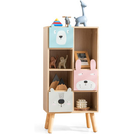 Дитяча книжкова шафа COSTWAY, дерев'яна дитяча полиця з 3 висувними ящиками та 4 відкритими відділеннями, іграшкова полиця для ігрової кімнати, спальні, дитячої кімнати, класу (модель 2)
