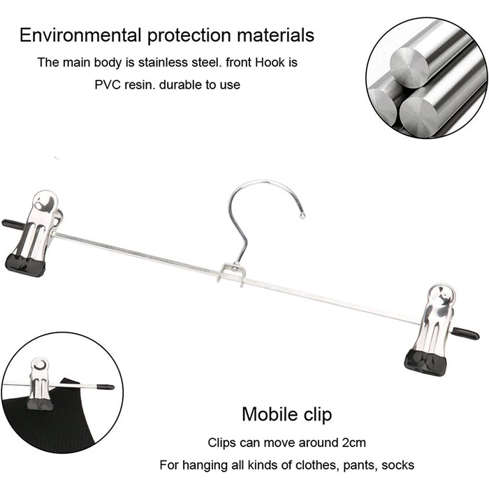 Вішалка для штанів WEIDMAX, міцна хромована вішалка для штанів з регульованими затискачами, металева вішалка для штанів, компактна вішалка для штанів, шкарпетки, спідниці, 29 см (11 футів), 10 шт. (20 шт.)